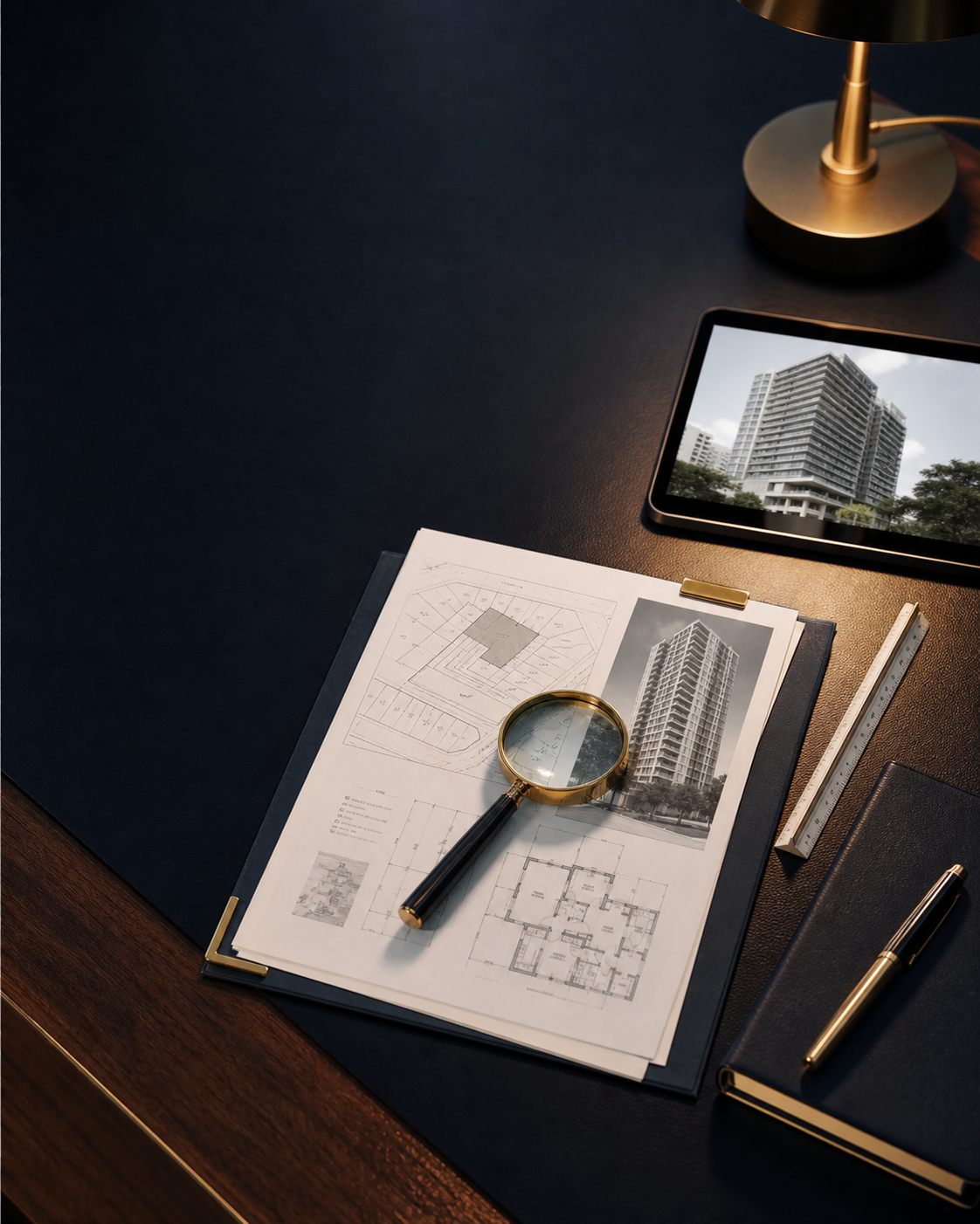 Documentos e imagens de um imóvel sendo analisados